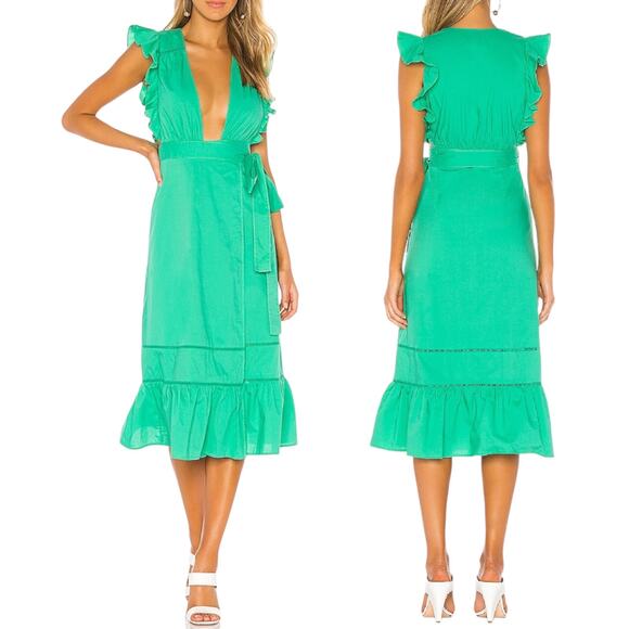 Lovers+Friends Zane Wrap Midi Dress Plunge Neck Ruffle Green Size XS - Picture 1 of 11